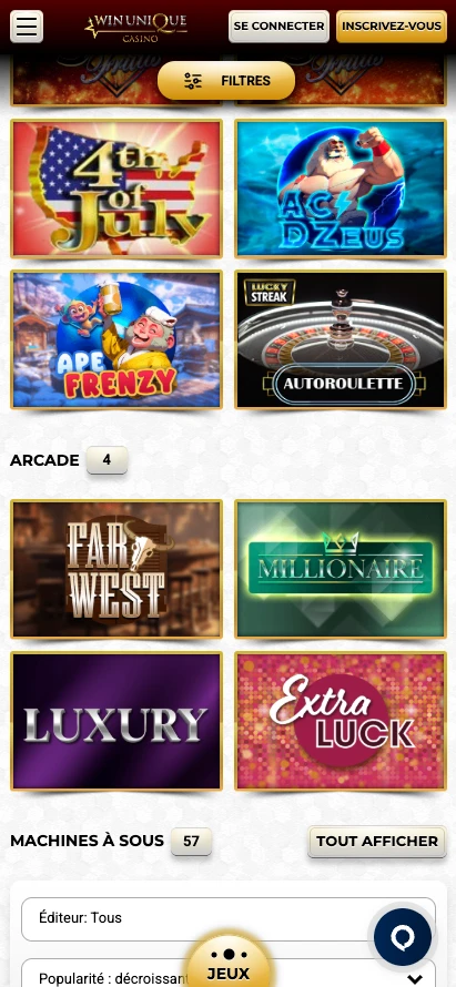 Lobby mobile de Unique Casino avec jeux et filtres